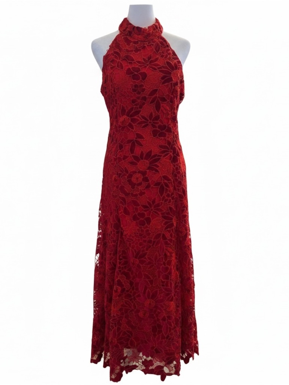 Boston Proper Red Floral Lace Halter Midi Dress